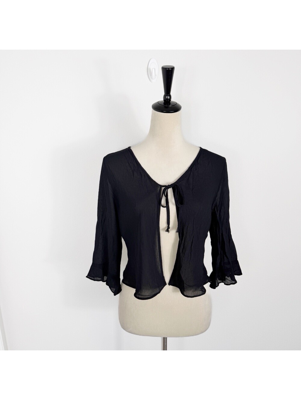 Vintage Y2K Black Tie Front 3/4 Sleeve Top Witchy Whimsigoth Womens Size Large
